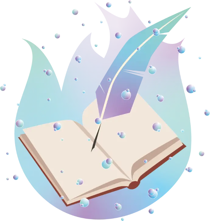 le Logo. Le logo abrégé. On y voit un livre entouré d’une flamme bleu violette et de bulles de la même couleur. Une plume dans les mêmes couleurs se tient prête à écrire de nouvelles histoires.